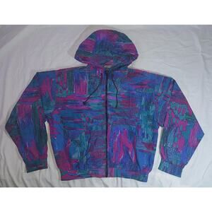 Vintage Nylon Hooded Full Zip Windbreaker Size Large Colorful Abstract Running